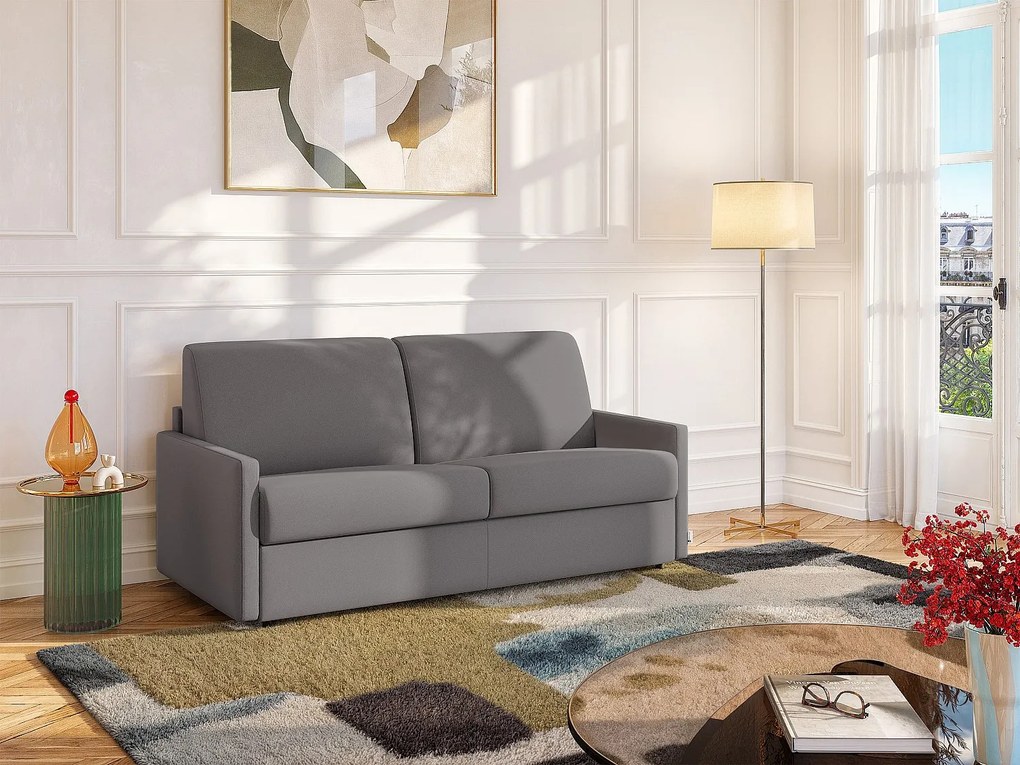 Kanapa 3-osobowa rozkładana typu express z jasnoszarej tkaniny z siedziskiem z pianki z pamięcią kształtu - Powierzchnia spania 140 cm - Materac 14 cm CALIFE