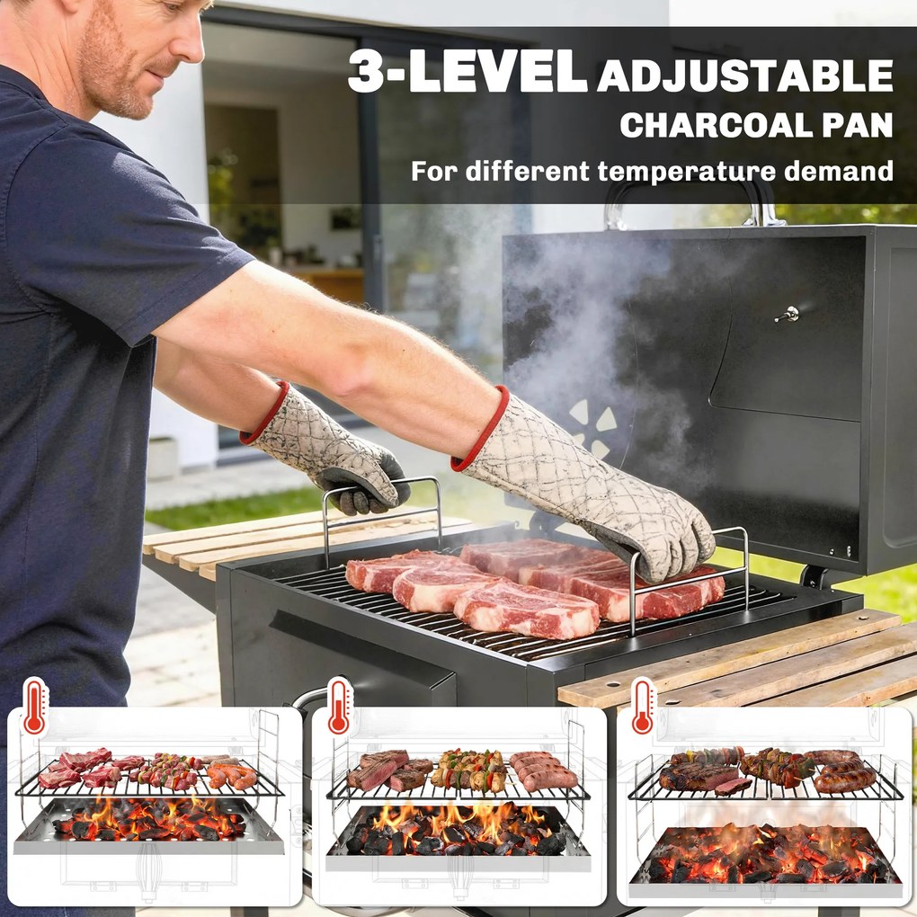 Outsunny Grill węglowy z regulowaną paletą węglową, wózek grillowy, półki, termometr, otwieracz do butelek, stal, drewno, czarny