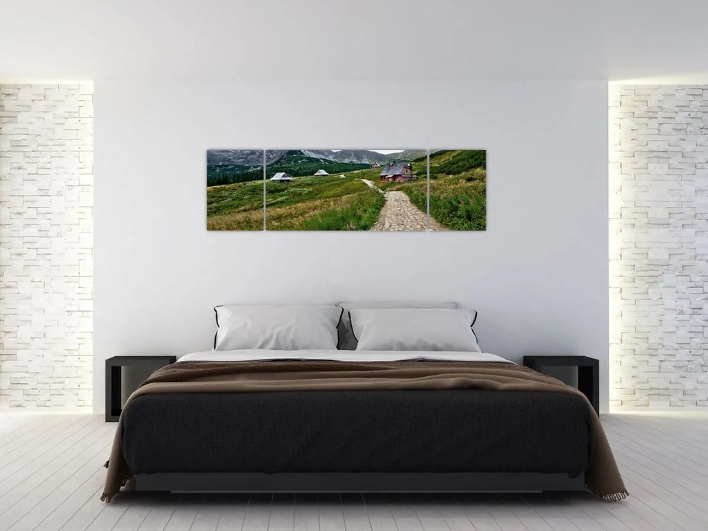 Obraz - Krajobraz górski z domami (170x50 cm)