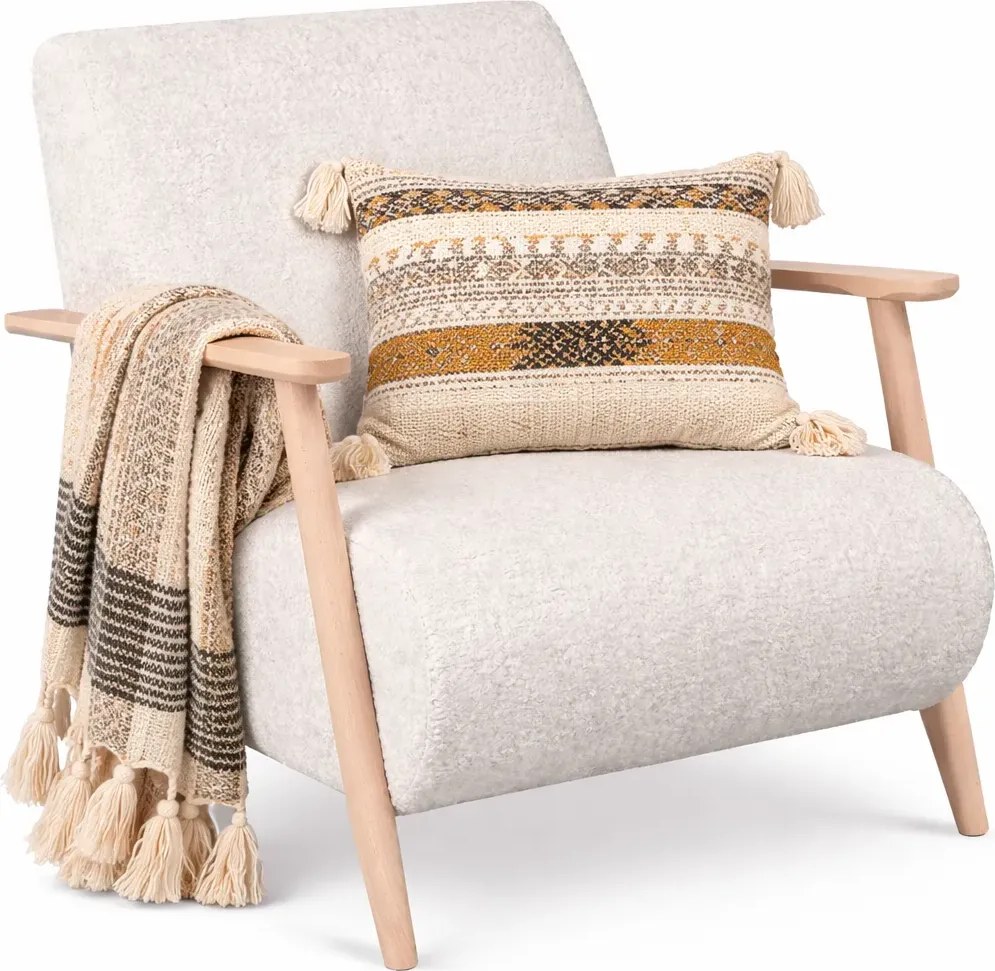 Fotel Wypoczynkowy Z Drewnianymi Podłokietnikami Ecru F0-L10