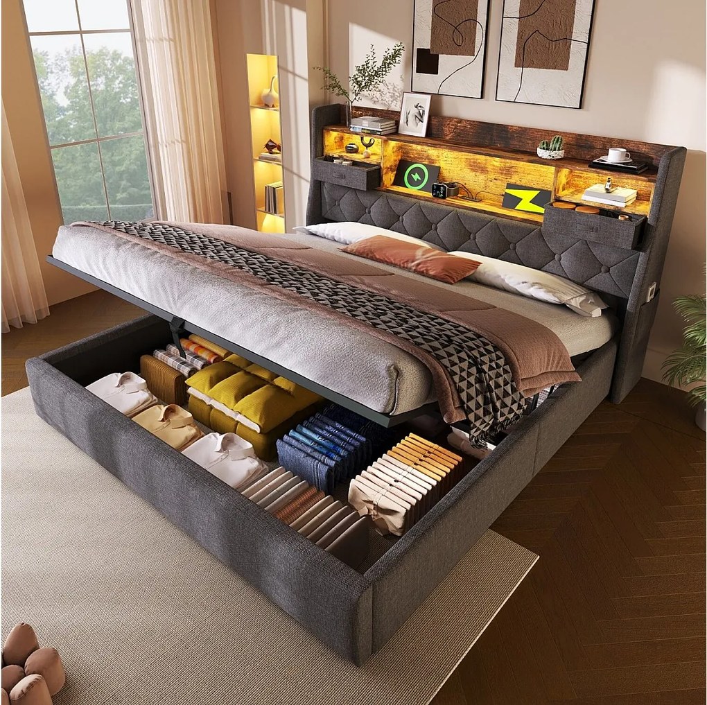 Łóżko ze schowkiem 180x200 cm Łóżko podwójne z USB i LED, zagłówek ze schowkiem - Szary len (bez materaca)