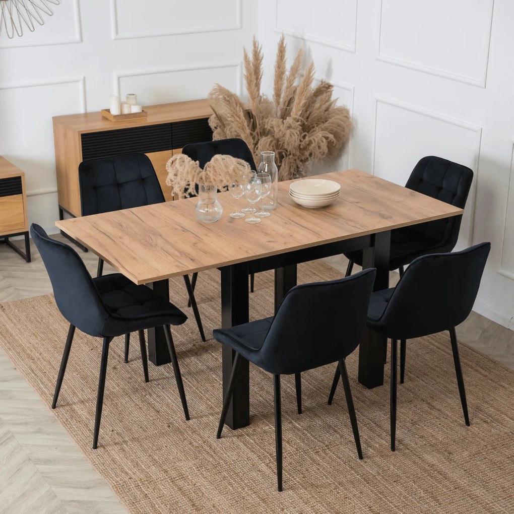 Zestaw Stół Kwadratowy Rozkładany MAX 80-160 cm Dąb Craft/Czarny i 6 Krzeseł Tapicerowanych CHRIS Czarnych Nowoczesnych