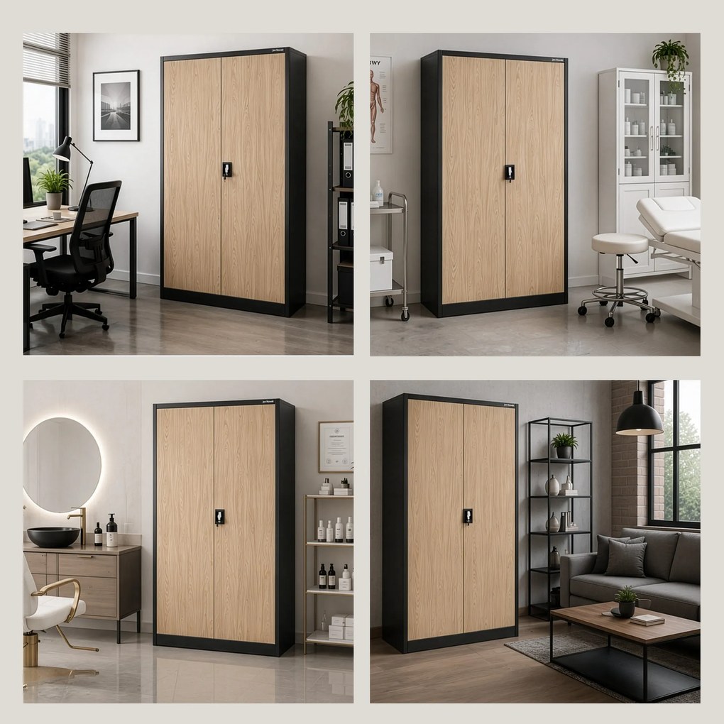 Szafa biurowa metalowa na akta, szeroka, antracytowa/dąb sonoma, 1150x1850x400 mm: JAN II Eco Design
