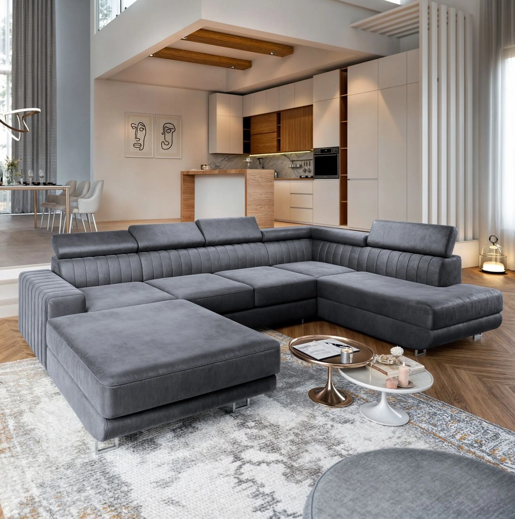 Masseno Narożnik SIENA z funkcją spania i pojemnikiem na pościel Narozniki U, Rozkładana sofa - Szary, MONOLITH 85