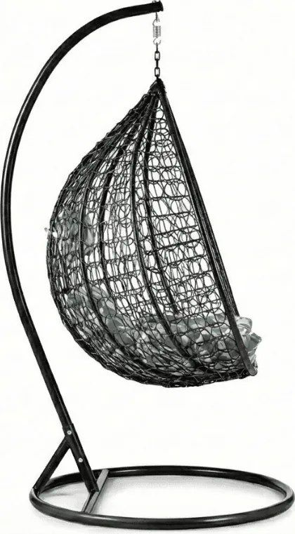 Czarne wiszące krzesło KOKON ze stojakiem, zielono-biała poduszka