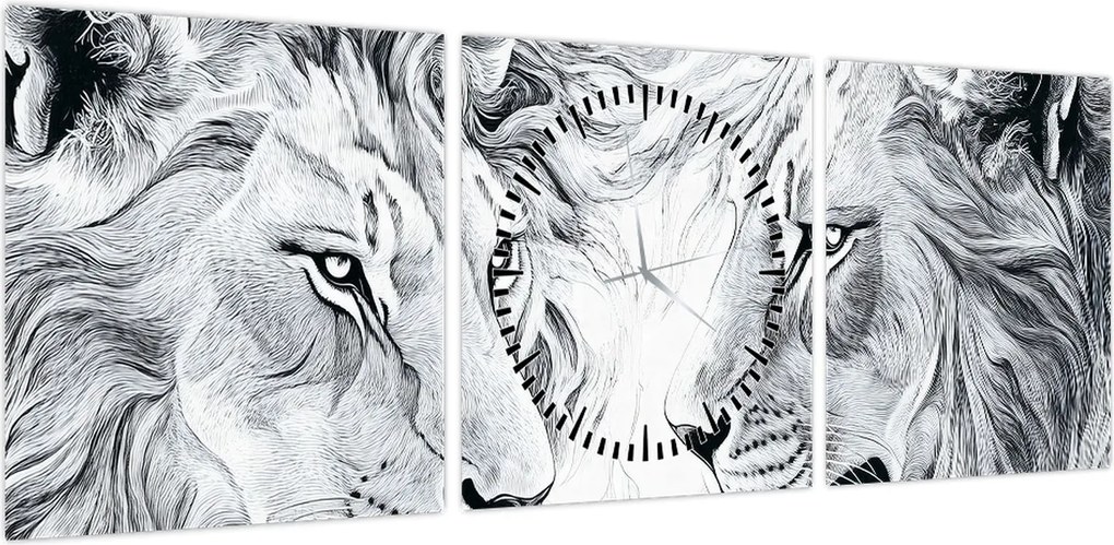 Obraz - Rysowane lwie głowy (z zegarem) (90x30 cm)