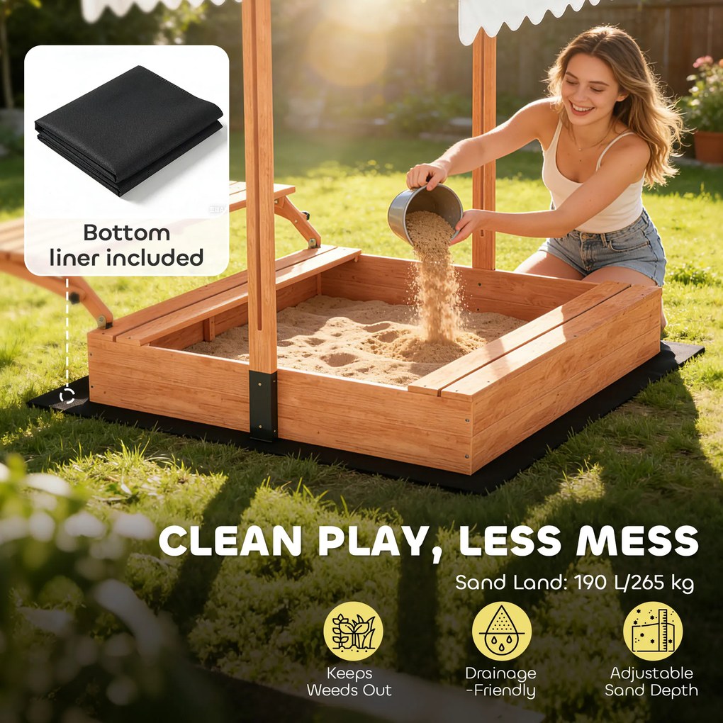 AIYAPLAY Piaskownica z dachem Piaskownica z drewna ze składanym stołem piknikowym i ławkami dla dzieci w wieku 3-8 lat 184 x 110 x 120 cm Brązowa | Aosom PL