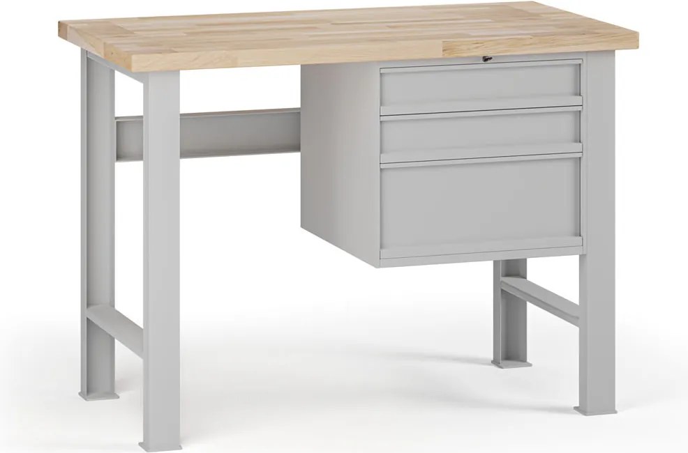 Stół warsztatowy G7, blat bukowy, 1200 x 685 x 840 mm, 1x kontener, 3x szuflada, szary