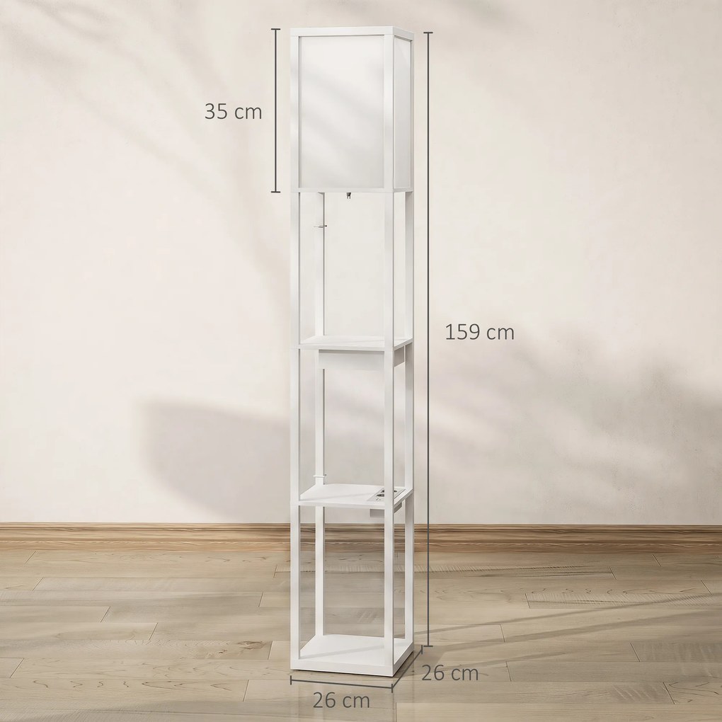 HOMCOM Lampa stojąca z 3-poziomowym regałem, przełącznik nożny, porty USB, MDF, Biała | Aosom PL