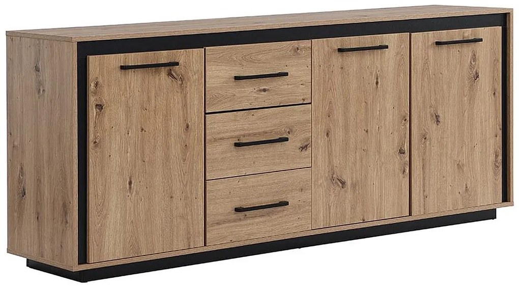 Komoda 3-drzwiowa z 3 szufladami, z MDF-u – kolor naturalny i czarny - NALAMANE