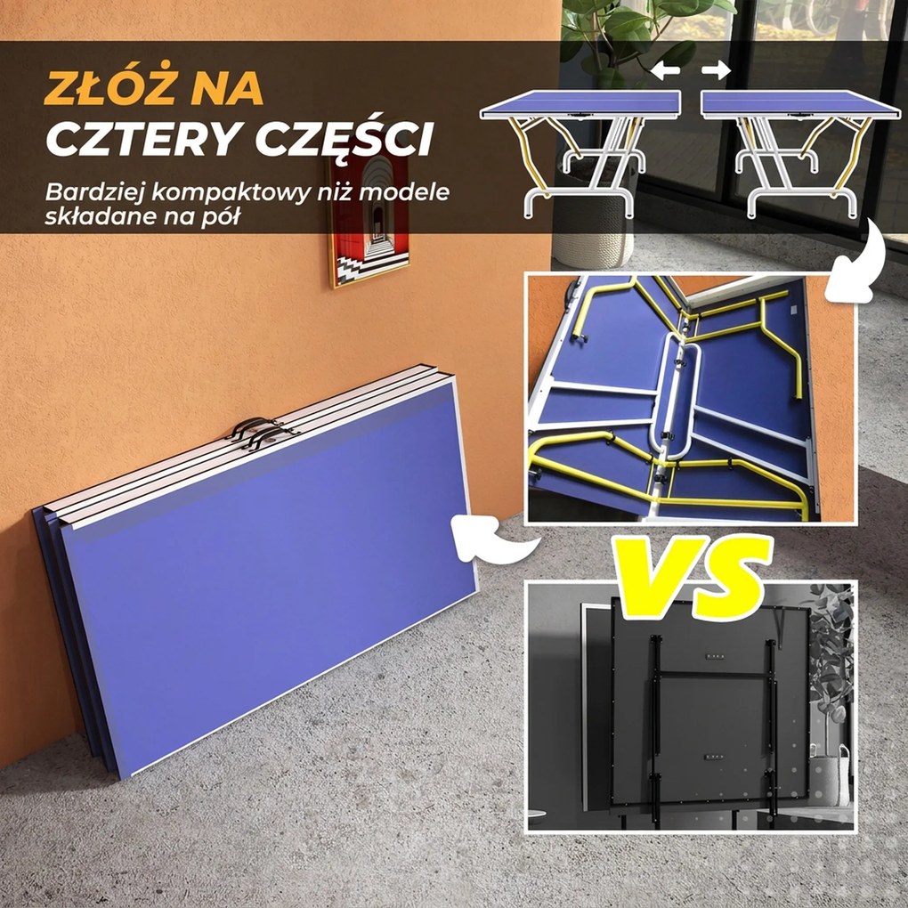 SPORTNOW Stół tenisowy składany z akcesoriami rakietki piłki siatka niebieski 274x152x76 cm | Aosom PL