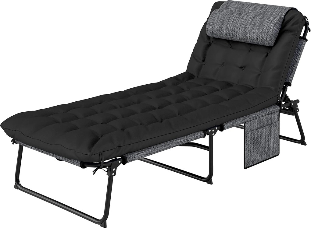 Outsunny Składany leżak ogrodowy z poduszką, leżak z 4-stopniowo regulowanym oparciem i boczną kieszenią, czarny | Aosom PL