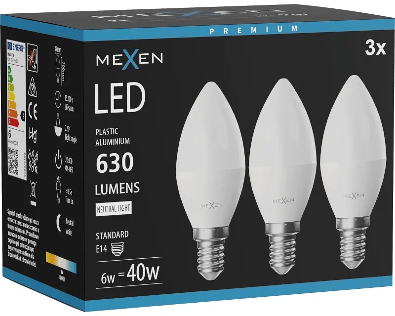 Mexen Nova 3x żarówka LED E14, C37, 6W, Neutralna - 4000K, 630 lm - L102-E14-0640-01x03