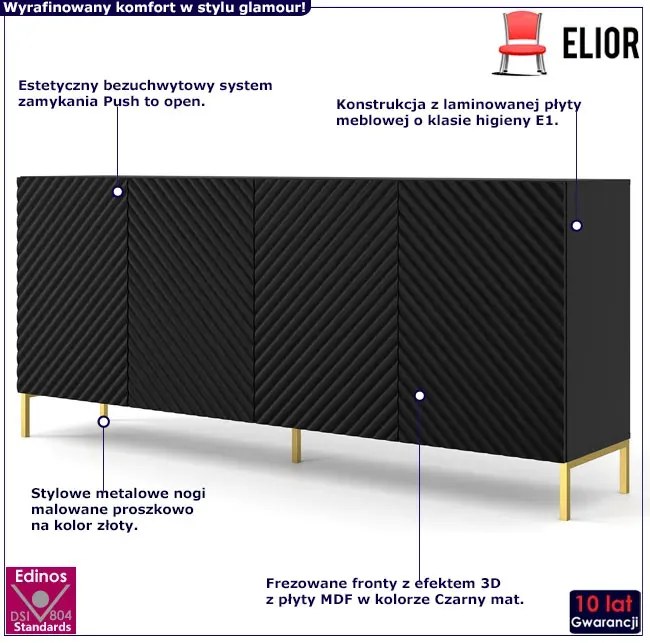 Komoda długa z frontem czarny 3d mat + złote nóżki Z7-M08