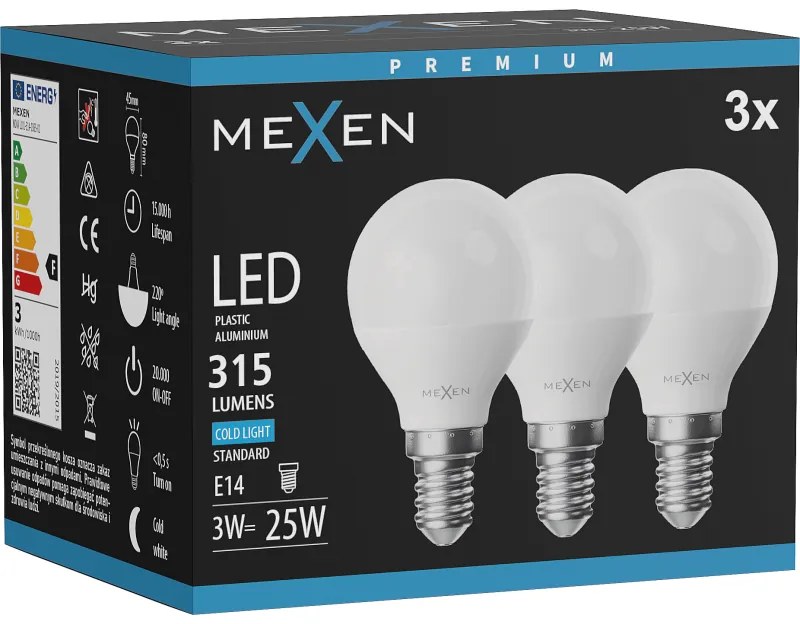 Mexen Nova 3x żarówka LED E14, G45, 3W, Zimna - 6500K, 315 lm - L101-E14-0365-01x03