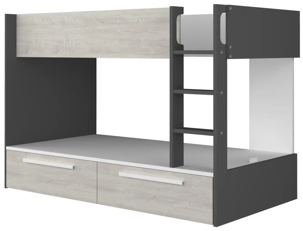 Łóżko piętrowe 2 x 90 x 200 cm - 2 szuflady - Antracytowy, biały i naturalny + Materac - TINOLI