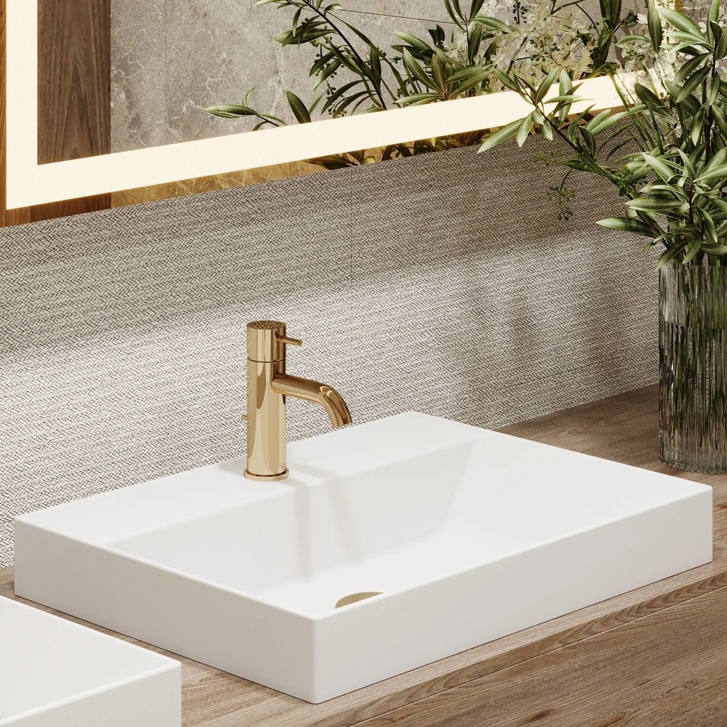 Umywalka z konglomeratu blatowa prostokątna biała NAVI | Różne rozmiary | Z otworem na baterię lub bez : Otwór na baterię - Bez otworów, Rozmiar - 70 x 45 cm