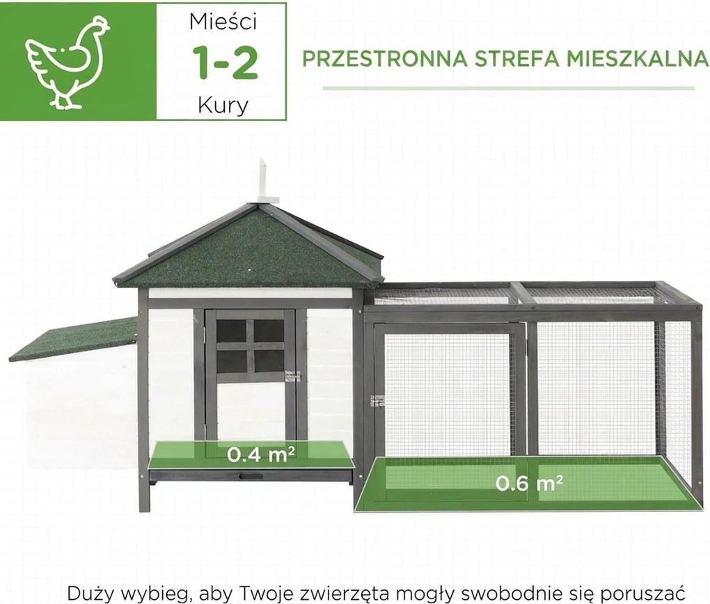 PawHut kurnik dla kur miniaturowych z wybiegiem domek lęgowy drewno sosnowe szary+biały