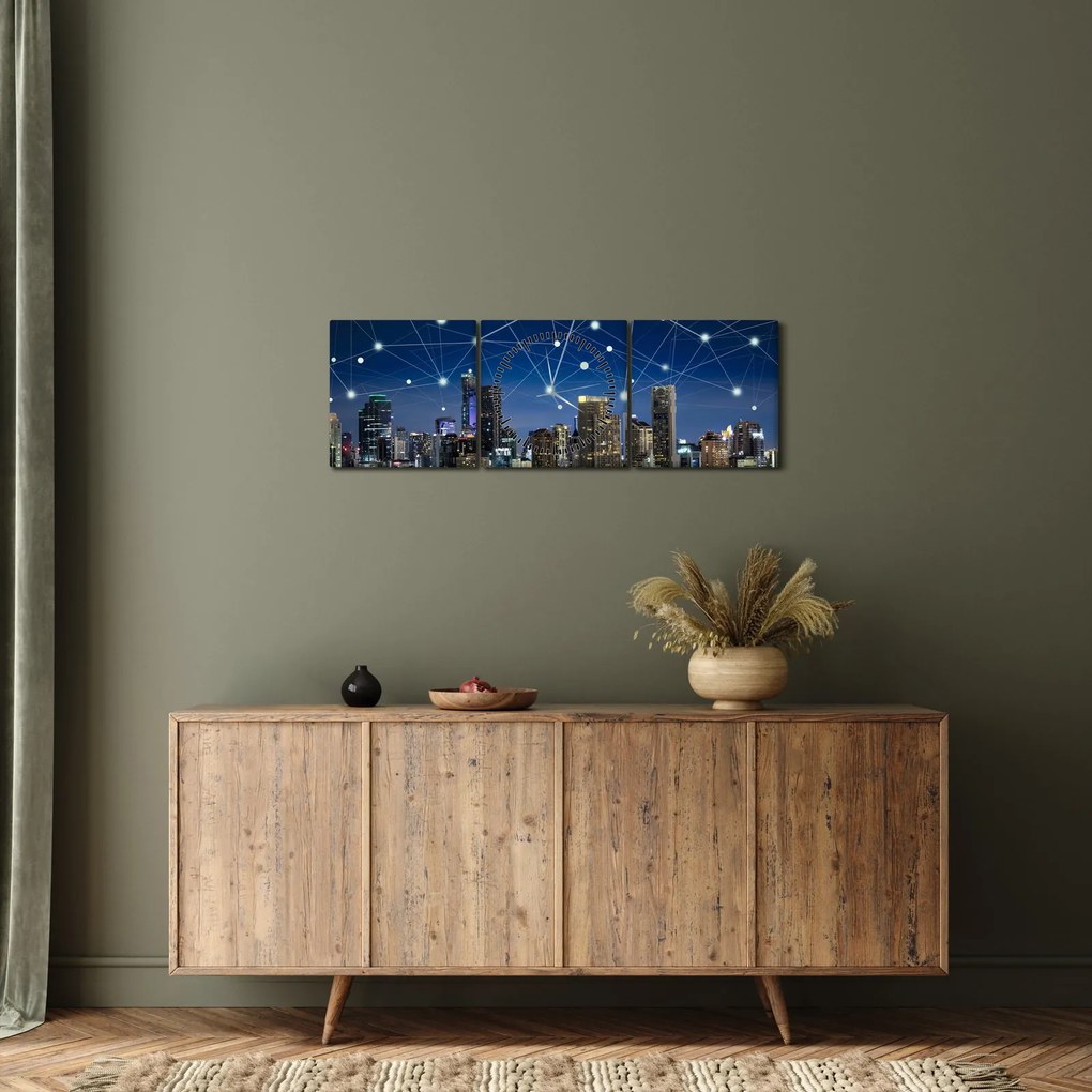 Obraz - Wielkie miasto nocą (z zegarem) (90x30 cm)