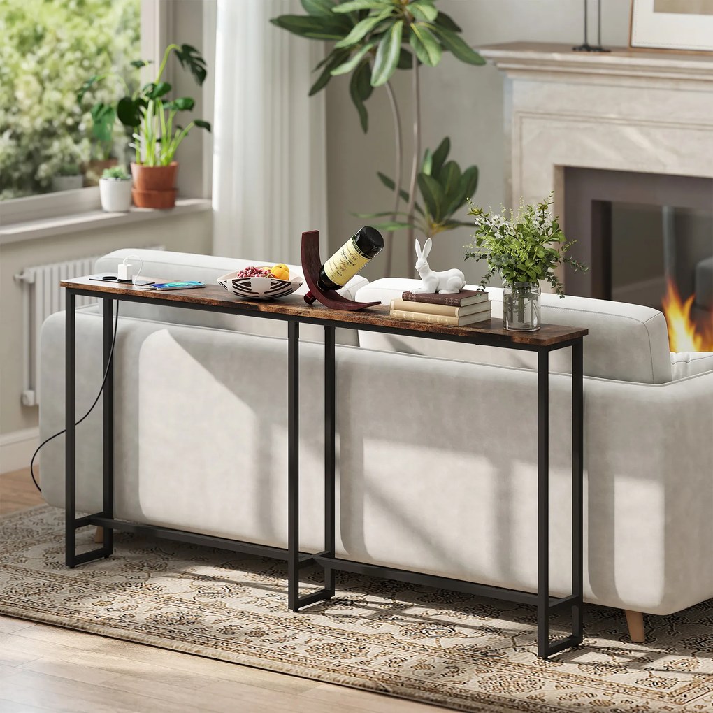 HOMCOM Smukły Stolik Konsola z Ładownicą, Styl Industrialny, Stelaż ze Stali, Brązowy