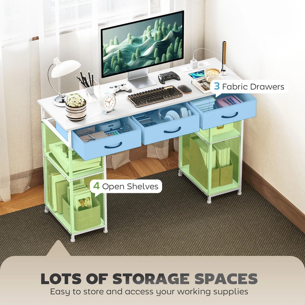 HOMCOM Biurko/Stół kuchenny z 2 portami USB i 2 gniazdkami, regulowane półki, 3 materiałowe szuflady, 120x40x76 cm, biały | Aosom PL