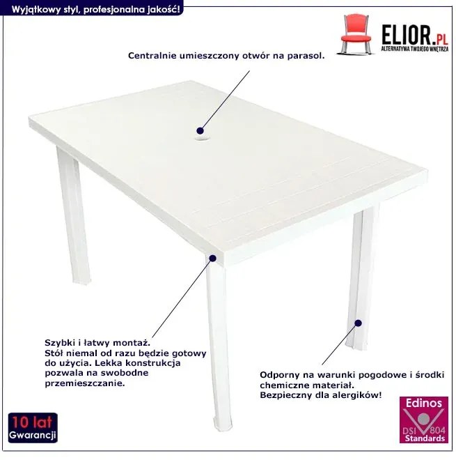 Biały prostokątny stół ogrodowy z otworem na parasol M5-A31