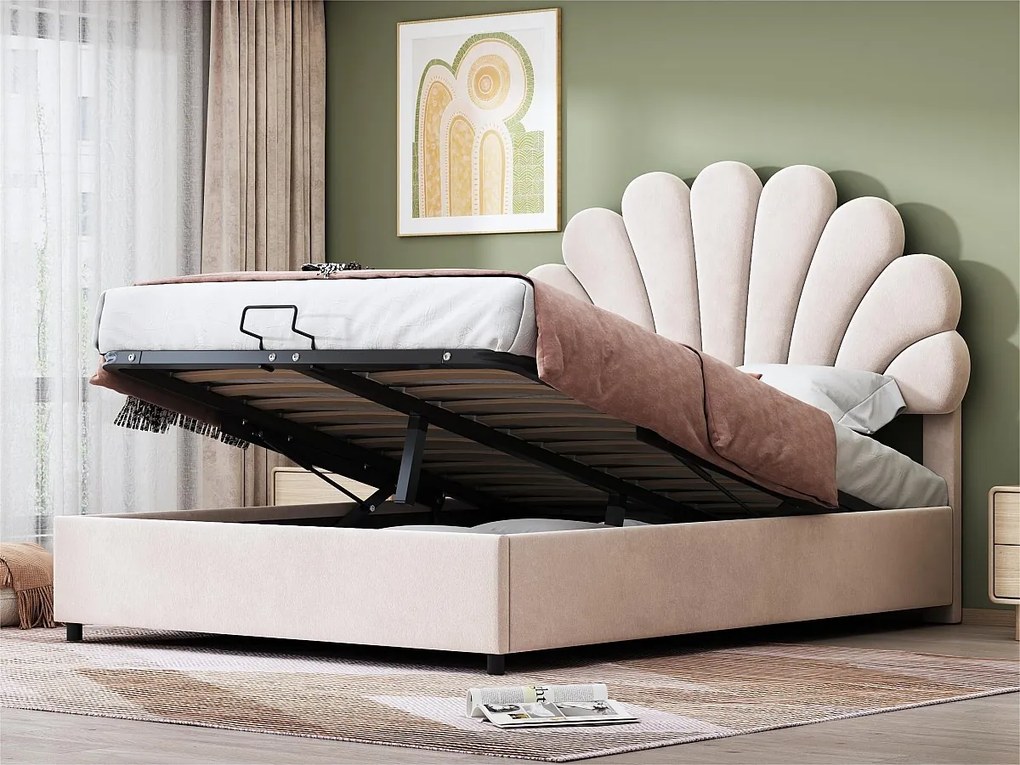 Łóżko z tapicerowanym welurowym zagłówkiem - 140x200cm - zagłówek w kształcie kwiatu - z stelażem na listwy - Beżowe