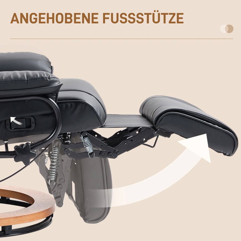 HOMCOM Fotel Relaksacyjny Obrotowy z Funkcją Leżenia, do 150 kg, Skóra Ekologiczna, Ramka ze Stali, Czarny