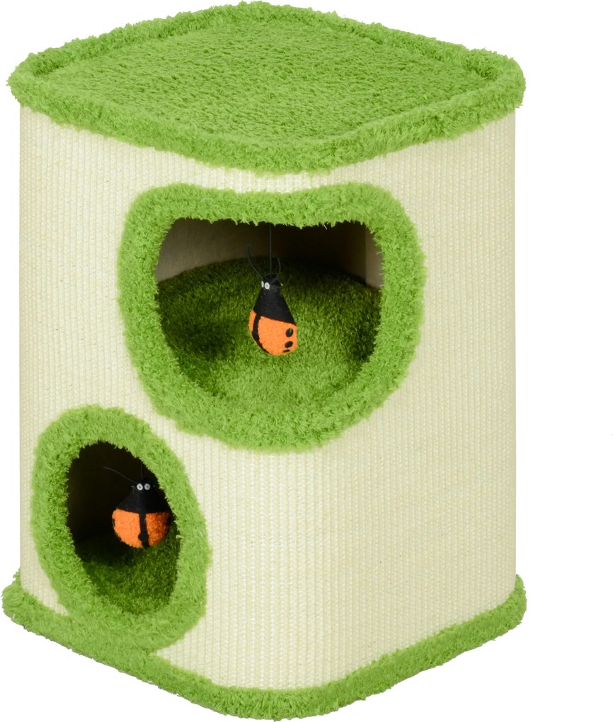 PawHut Drapak dla Kotów, 52 cm, z Pluszową Jaskinią i Zabawką, Zielony/Kremowy