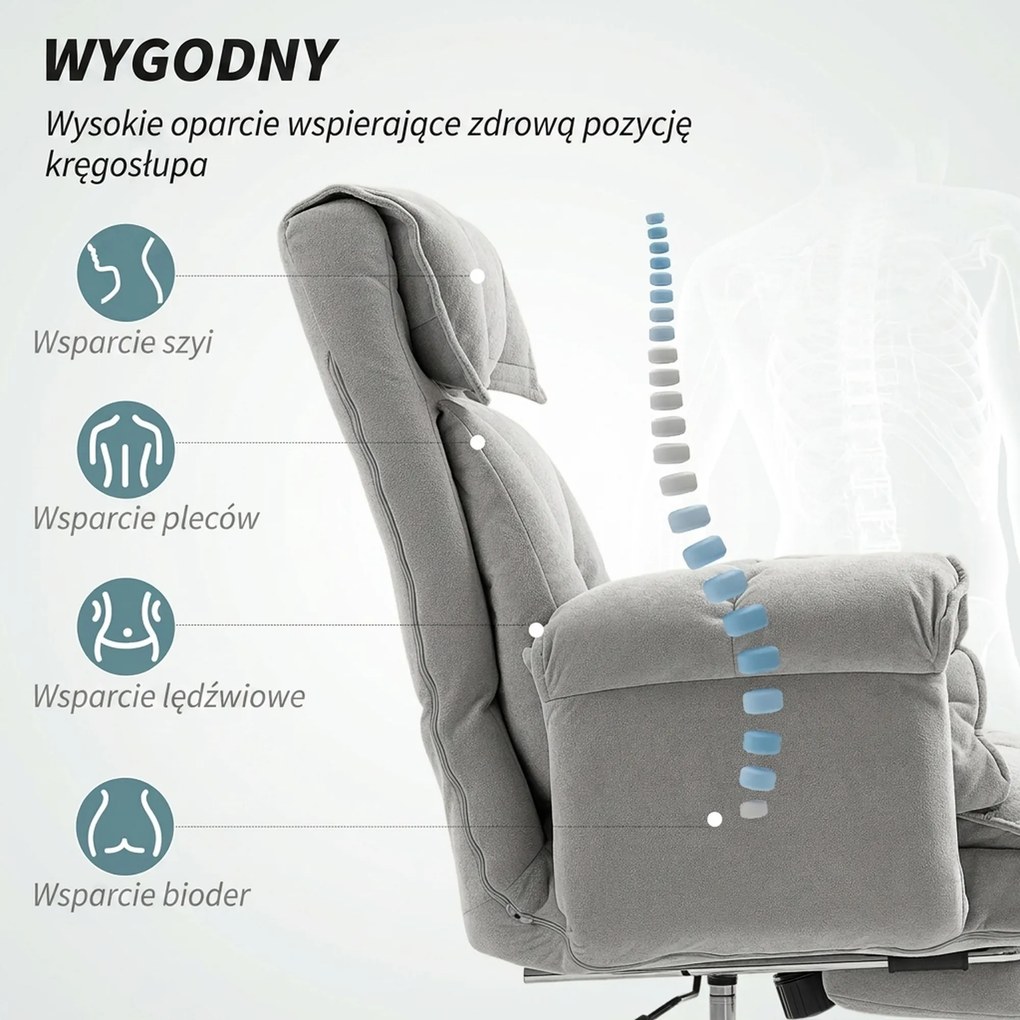 HOMCOM Fotel biurowy odchylany Regulacja wysokości Krzesło biurowe z podłokietnikami podnóżkiem wysokie oparcie 75 x 77 x 110-118 cm Szary | Aosom PL