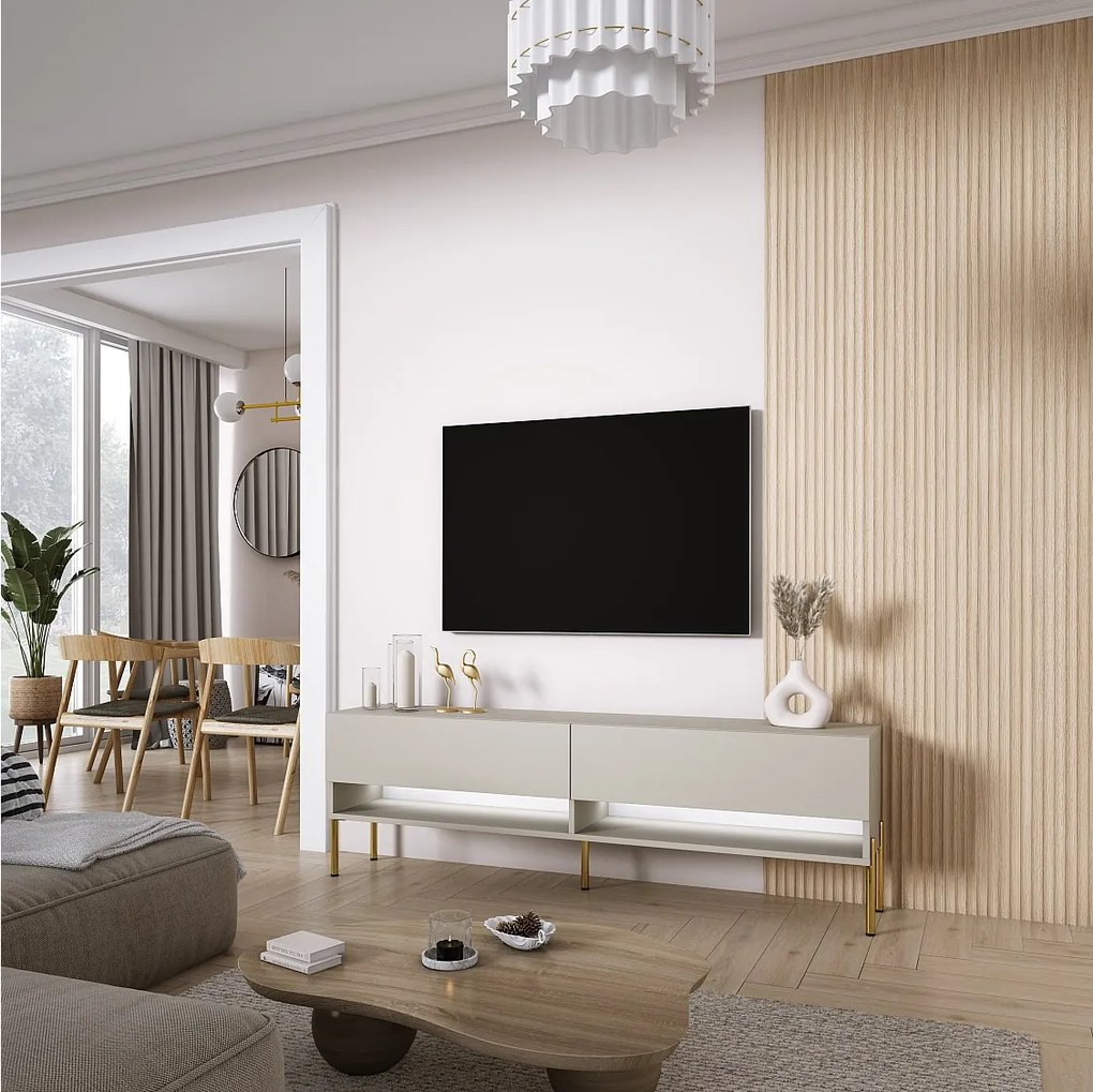 Szafka pod telewizor 170 cm Kaszmir, nóżki proste złote, LED biały, 170 × 32 × 52 cm