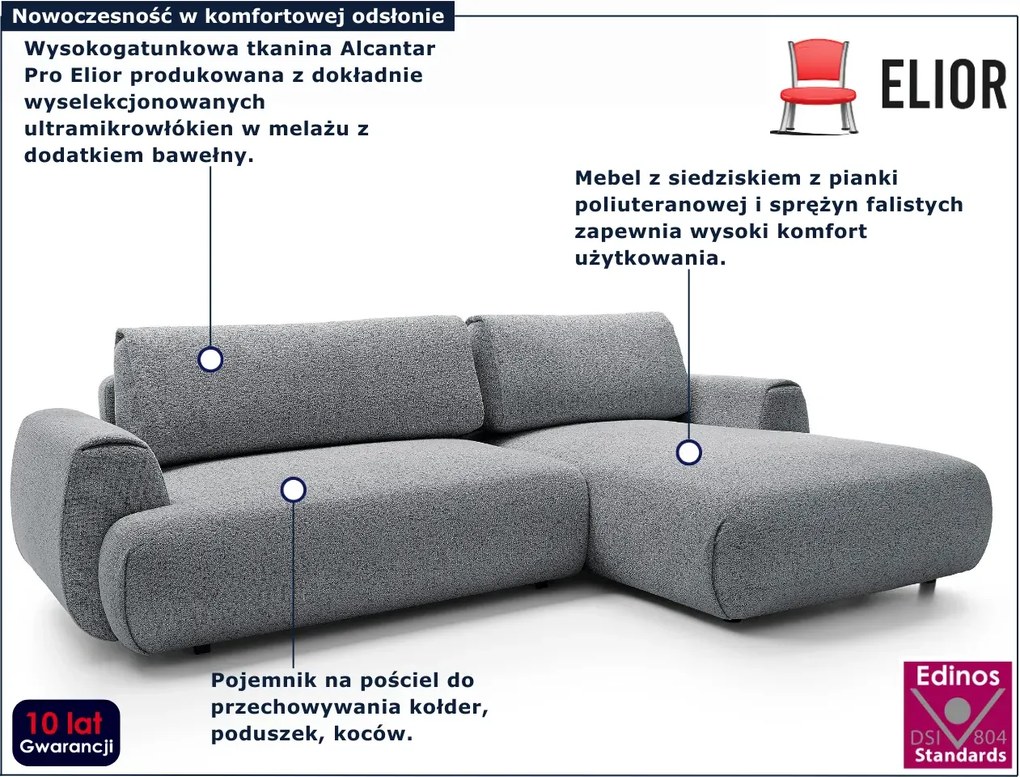 Popielata kanapa narożna rozkładana z pojemnikiem F4-L82
