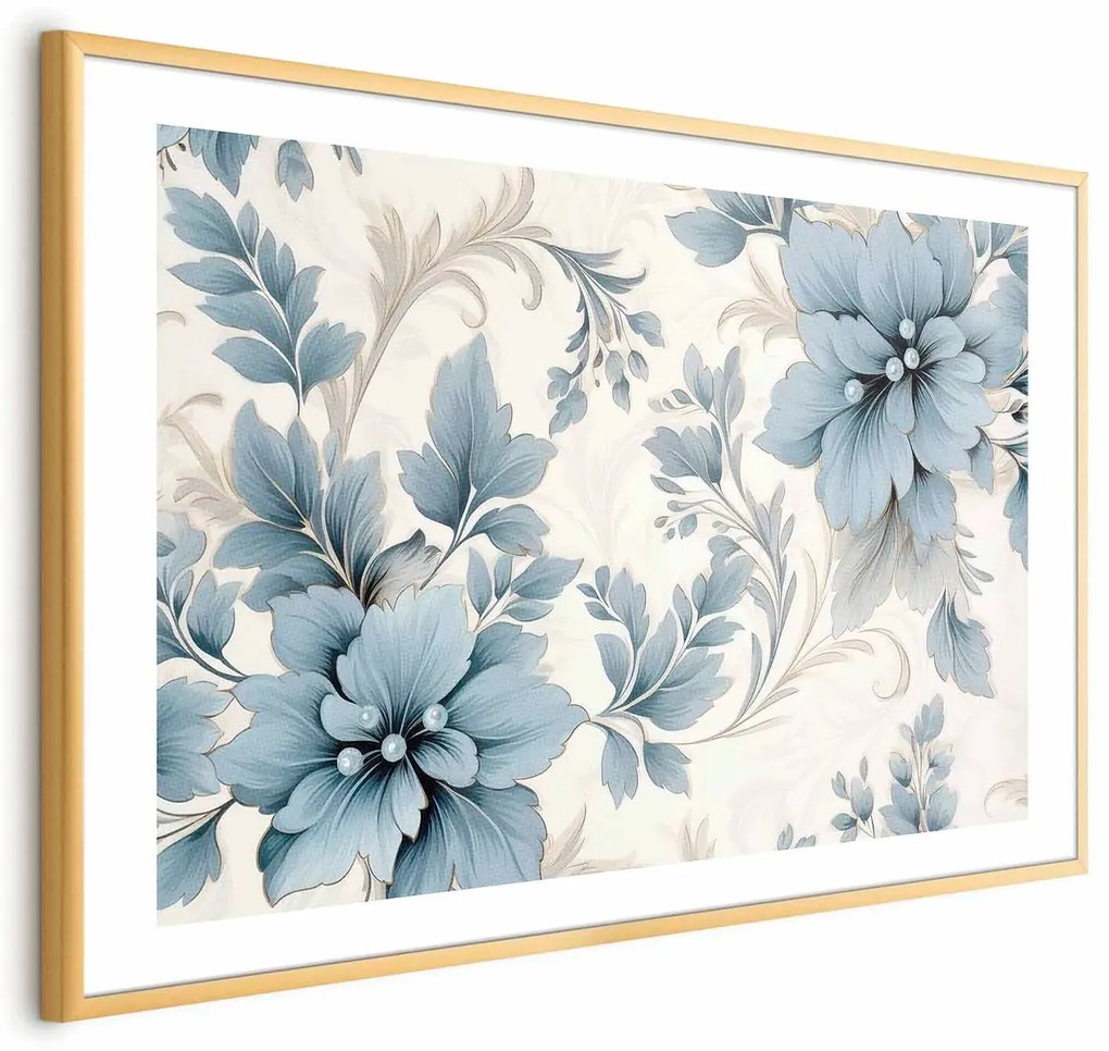 Plakat Turkusowe retro kwiaty 42x29,7 cm z ramą złotą z marginesem ARTGEIST B