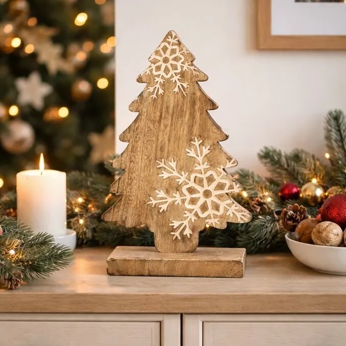 4Home Dekoracja z drewna mango Snowflake Tree, 33 cm