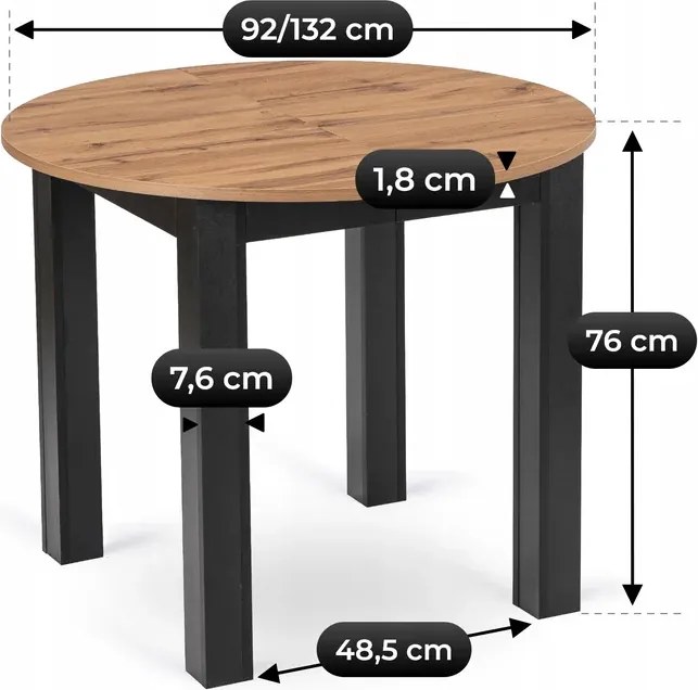 Stół Okrągły Rozkładany HARRY 92-132 cm Dąb Craft/Czarny Loft