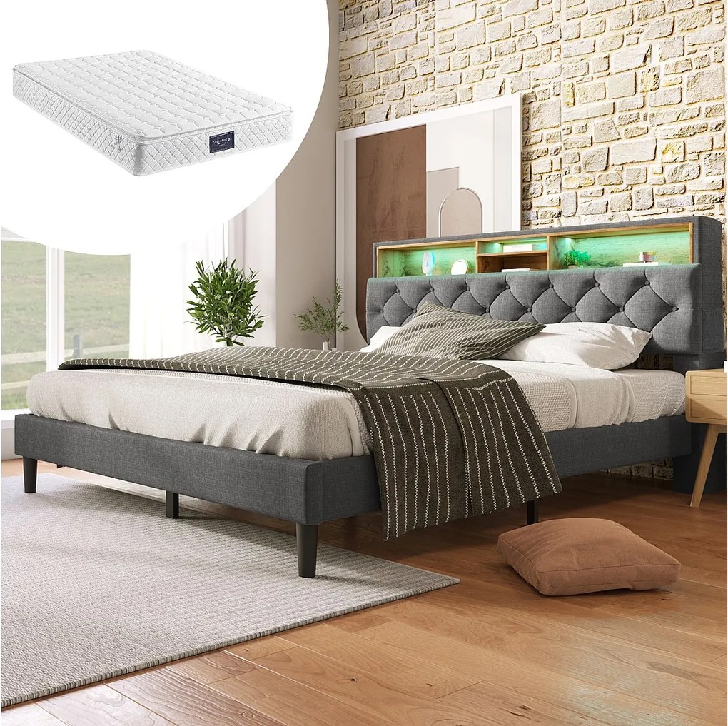 Łóżko tapicerowane 140 x 200 cm z zagłówkiem ze schowkiem - USB i LED - Tkanina lniana - Szary + Materac