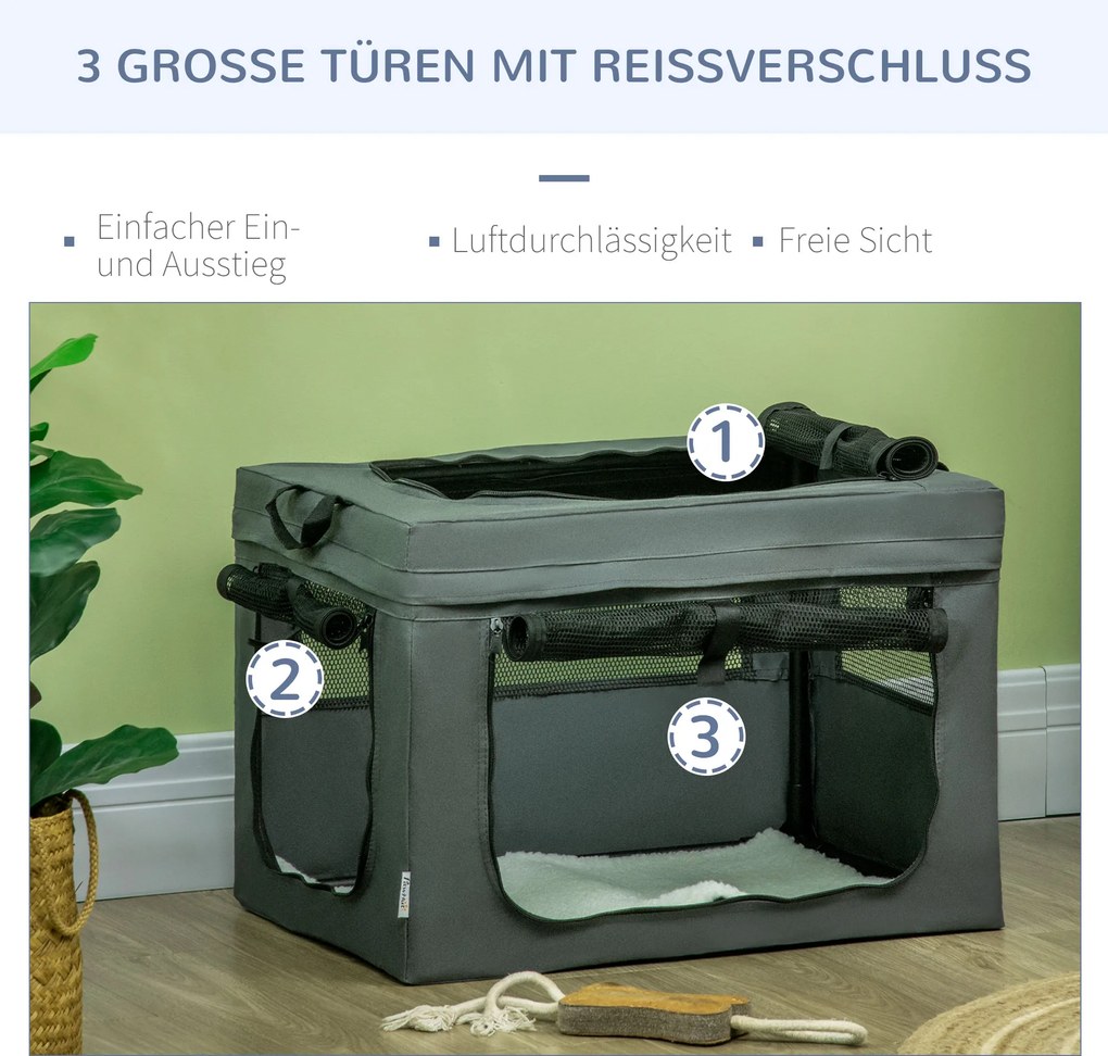 PawHut Skrzynka transportowa dla psa z uchwytami Torba podróżna 60x42x42cm Szara | Aosom PL