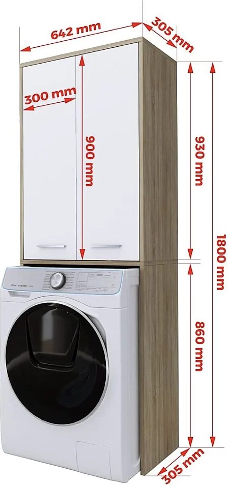 Szafka pod pralkę, biały mat, dąb sonoma, 31 x 64 x 180 cm