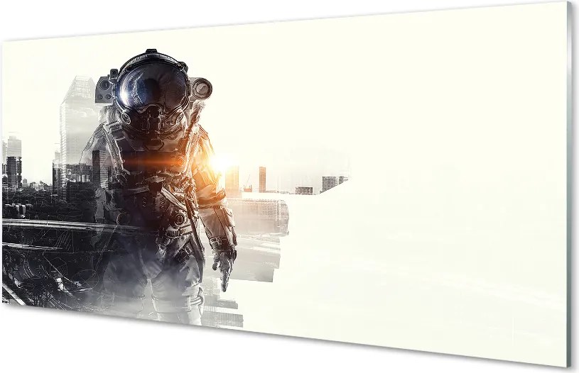 Szkło do Kuchni na Ścianę Postać na tle Panoramy Miasta