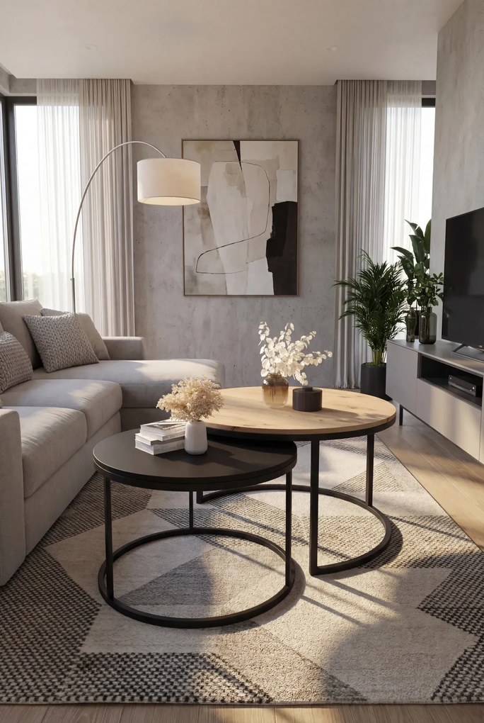 Zestaw okrągłych stolików kawowych dąb artisan + czarny D1-E43