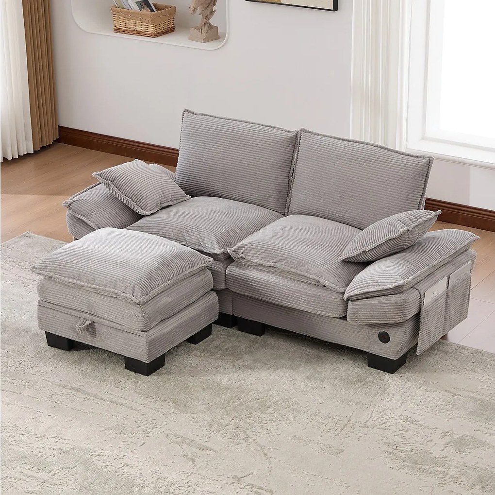 Dwuosobowy zestaw wypoczynkowy z tkaniny sztruksowej - 190 x 132 x 84 cm - z 1 pufem ze schowkiem + portem USB + kieszeniami - jasnoszary