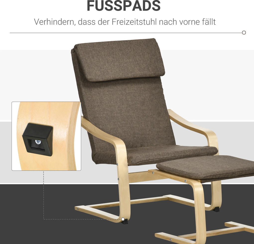 HOMCOM Fotel Relaksacyjny z Podnóżkiem Brązowy Lniany Pokrycie Drewniana Rama Wygodne Siedzisko z Podłokietnikami | Aosom PL