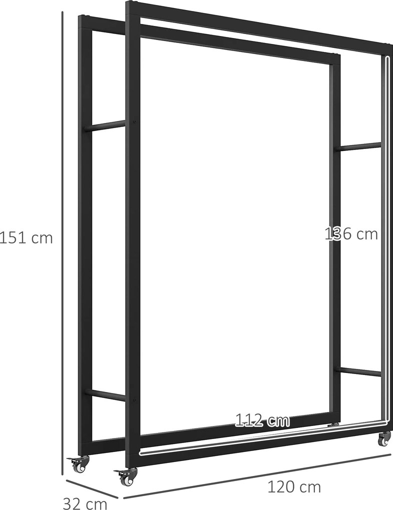 Outsunny Wózek na drewno opałowe z kołami, mobilny, metalowa rama, do 150 kg, 120 x 32 x 151 cm, czarny