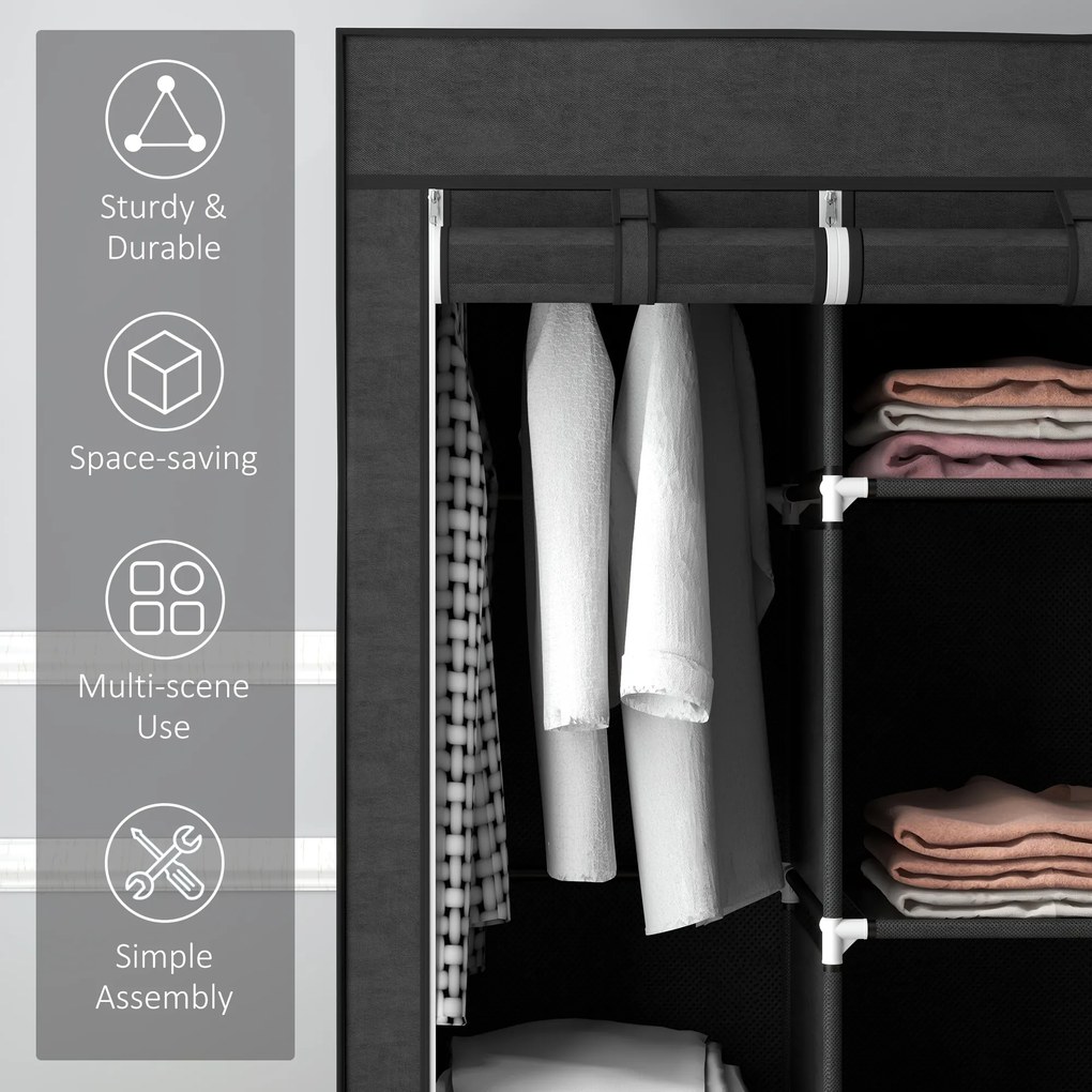 HOMCOM Szafa z Tkaniny, Rozwiązanie Przechowalnicze, 8 Półek, 2 Drążki na Ubrania, Czarny