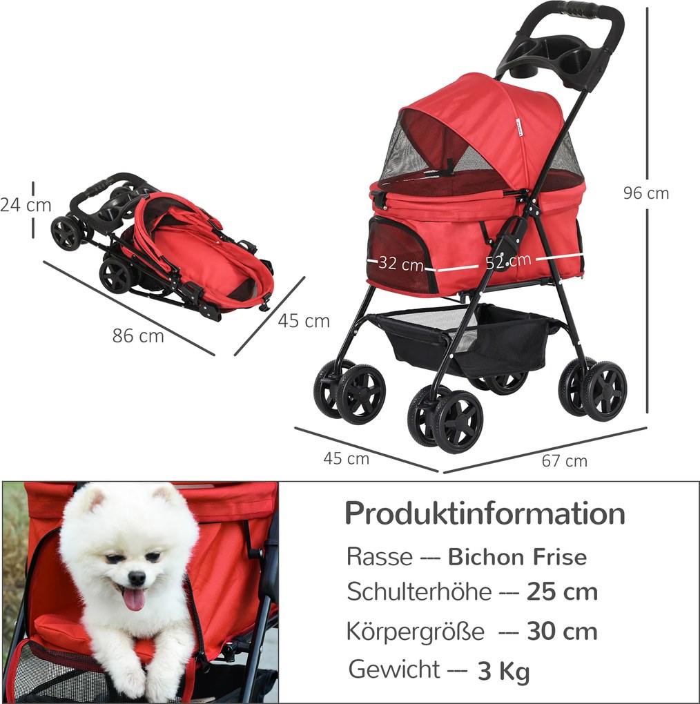 Outsunny Wózek dla Psa Kota Składany Oxford Tkanina Czerwony do 20kg | Aosom PL