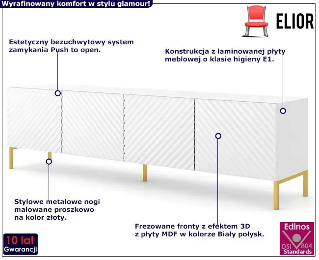 Szafka rtv w stylu glamour biały połysk + złote nóżki - Resa 7X