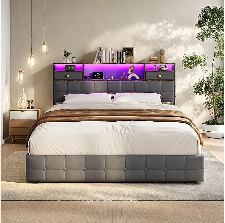 Łóżko z pojemnikiem hydraulicznym z oświetleniem LED, portem ładowania USB i 2 szufladami - Welur - Szare 160 x 200cm