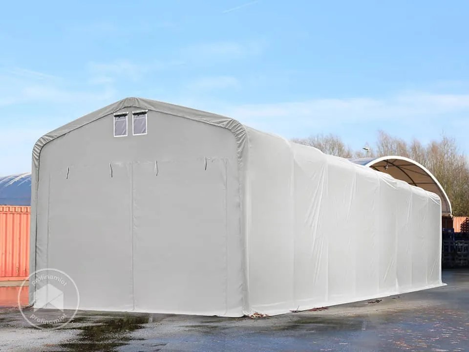 TOOLPORT 5x16m Hala namiotowa - 2,6 m wysokość ścian bocznych z 4,1x2,5m brama, PVC 850, szary, ze statyką (podłoże gruntowe) - (438190)