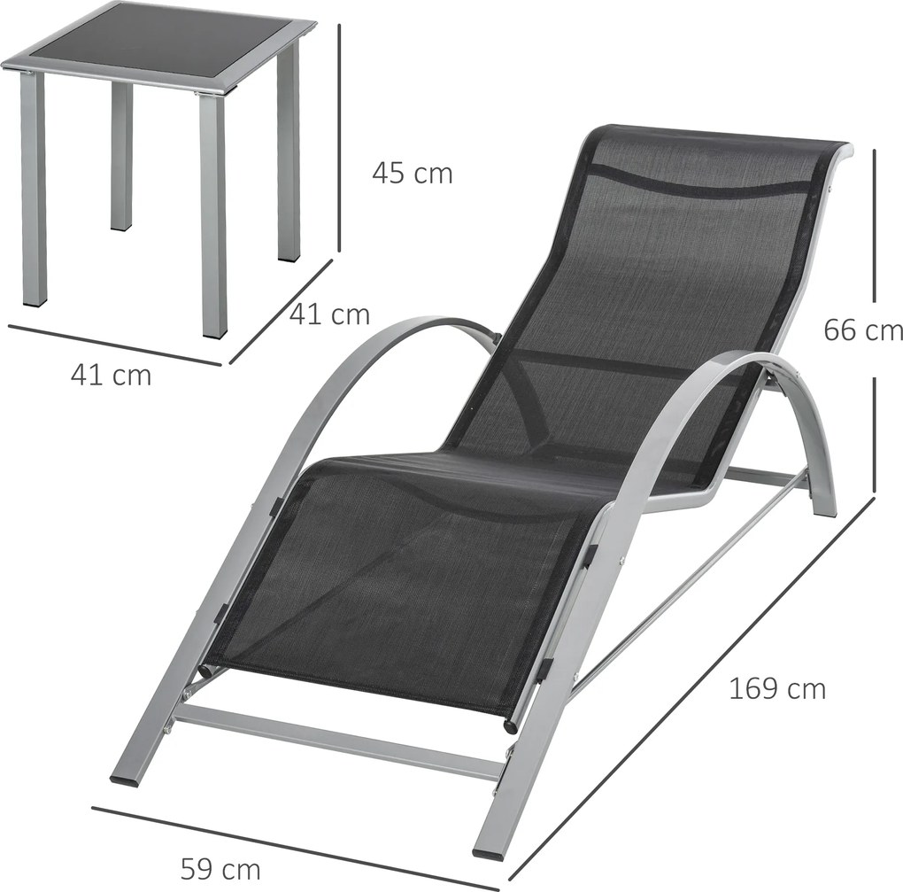 Ekskluzywny Zestaw Leżaków Ogrodowych Outsunny z Stolikiem Bocznym, Czarny+Srebrny