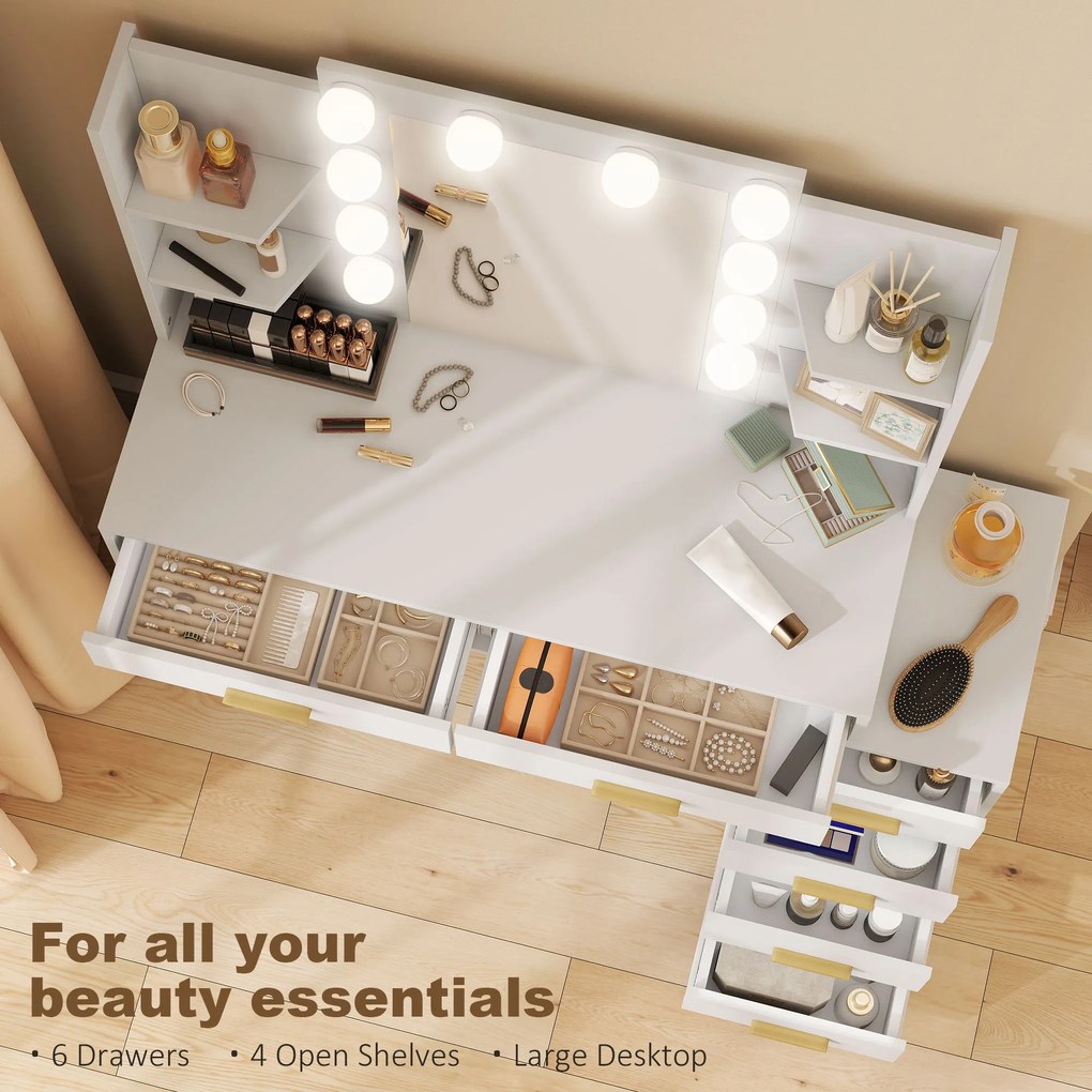 HOMCOM Toaletka z podświetlanym lustrem i tapicerowanym stołkiem, zestaw do makijażu z 6 szufladami i półkami, Biały | Aosom PL